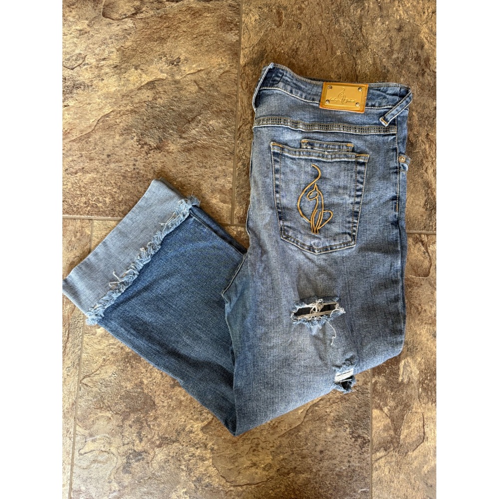 RARE Y2K Baby Phat Jeans Size 14‎ Distressed Ripped Frayed Hem Wide Leg Denim